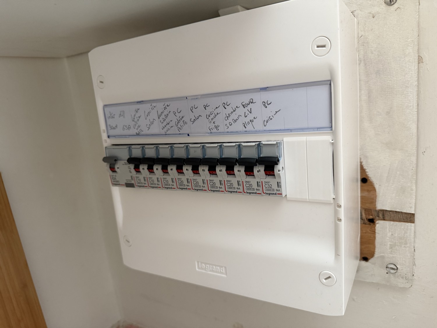 Après intervention : coffret Legrand fermé avec interrupteur différentiel 63 A 30 mA, disjoncteurs C10 à C32 et étiquetage manuscrit de chaque circuit